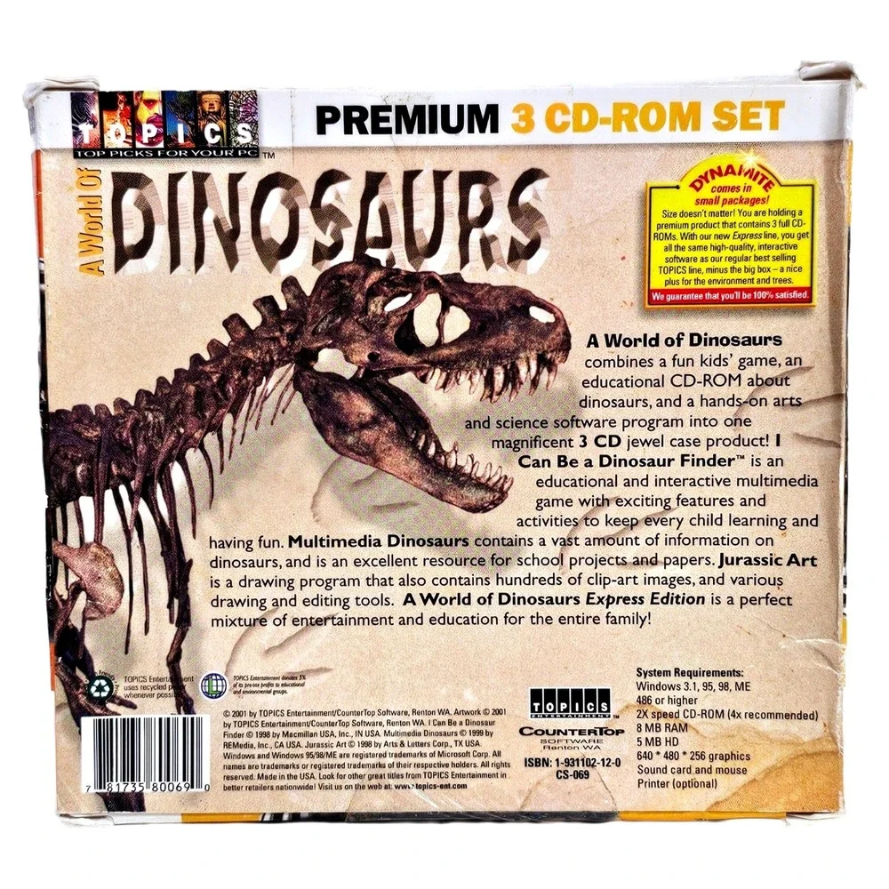 A World of Dinosaurs PC‎ CD-ROM Vintage 1998 3 Disc Game Set Topics 781735800690